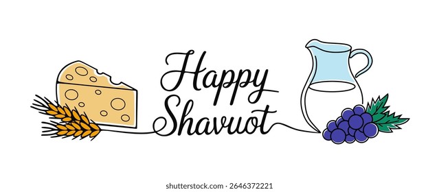Saudações modelo de banner com leite, trigo e presentes de saudações da natureza. Fundo festivo e convites para Shavuot e Shavuot Sameach, primavera ou outono sobre fundo branco.