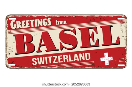 Greetings from Basel vintage rusty metal plate on a white background, vector illustration