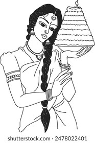 Greetings Bathukamma Line Art - Flower festival celebrated by the women of in Telangana state South India.