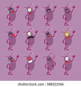 Greetings bean monsters, emoji set. Cute cyclops vector set. Cartoon funny emoticons. Purple monsters stickers, flat cartoon style