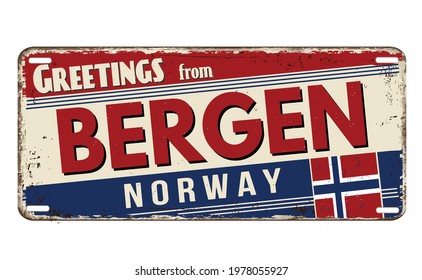 Greetings from Bergen vintage rusty metal plate on a white background, vector illustration