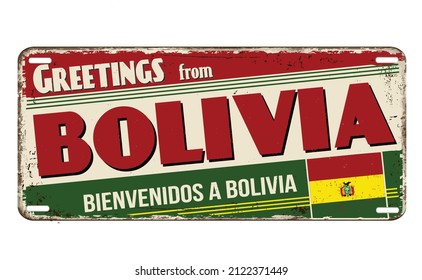 Grüße von Bolivien, rostigen rostigen Metallplatten auf weißem Hintergrund, Vektorgrafik