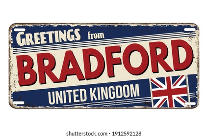 Greetings from Bradford vintage rusty metal plate on a white background, vector illustration