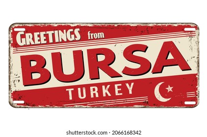 Greetings from Bursa vintage rusty metal plate on a white background, vector illustration