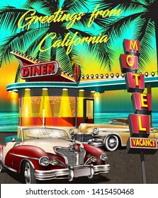 Greetings from California poster with retro American Diner and vintage cars on sunset background.