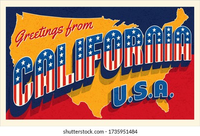 Greetings from California USA. Retro style postcard with patriotic stars and stripes lettering and United States map in the background. Vector illustration.