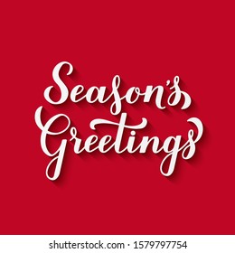 Season’s Greetings calligraphy hand lettering with shadow on red background. Merry Christmas and Happy New Year typography poster. Vector template for greeting card, banner, flyer, sticker, etc.