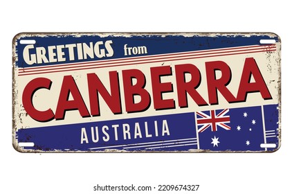 Greetings from Canberra vintage rusty metal plate on a white background, vector illustration svg