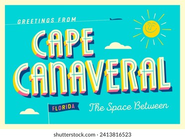 Greetings from Cape Canaveral, Florida, USA - The Space Between - Touristic Postcard. Vector Illustration.	