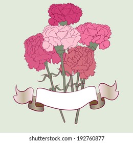 Greetings card with carnations, hand drawn illustration of a flowers bouquet over a light green background