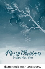 greetings card for christmas with abstract blue background and tree branch, rough texture