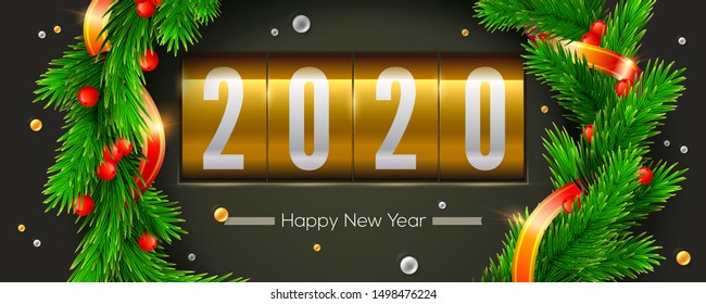 Greetings card with Christmas or New Year 2020. Golden retro clock decorated wreath of fir branches, red ribbons and colored pearls. Horizontal xmas posters. Vector 3d illustration.