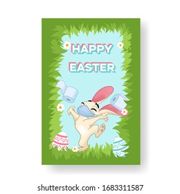 Greetings card with an easter bunny with a mask and toilet paper, quarantine