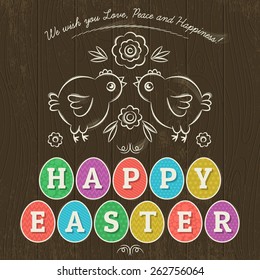 Greetings card for Easter Day with eleven colored eggs. Wooden background and two hand painted  birds and flowers. 
Decorative composition suitable for invitations, greeting cards, flyers, banners.