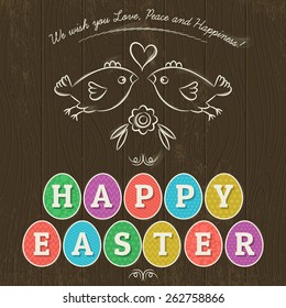 Greetings card for Easter Day with eleven colored eggs. Wooden background and two hand painted  birds. 
Decorative composition suitable for invitations, greeting cards, flyers, banners.