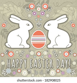 greetings card with easter eggs and two rabbits, vector