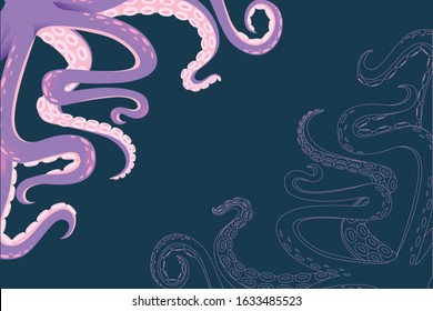 Greetings card for flyer design with purple octopus tentacles horizontal flat vector illustration flat vector illustration on dark background