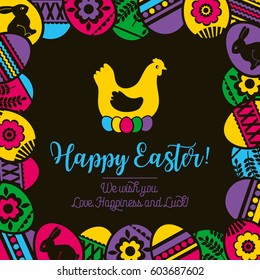 Greetings card with frame of color easter eggs on black background, vector