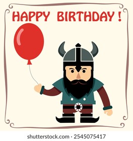 Cartão de cumprimentos: Feliz aniversário! Viking com balão vermelho. Mitologia escandinava. Vetor isolado em fundo rosa claro.