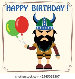 
Greetings card: Happy birthday! Viking with red and green balloon. War helmet and long beard. Scandinavian mythology. Vector isolated on light pink background