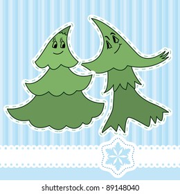 Greetings card with a happy couple of Christmas trees