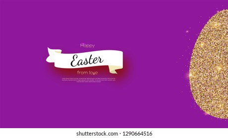 Greetings card with happy Easter holidays. Silhouette of Easter egg from shining golden glittering dusts and old school, retro banner with greeting text. Vector 3d template for invitation, cover.