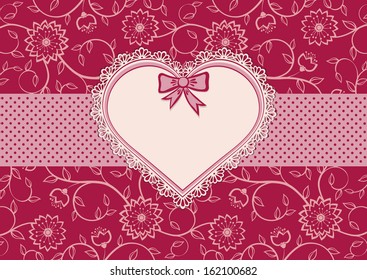 Greetings card with heart frame and dotted ribbon.  Decorative floral pink background. Glamour retro style. Vector illustration.