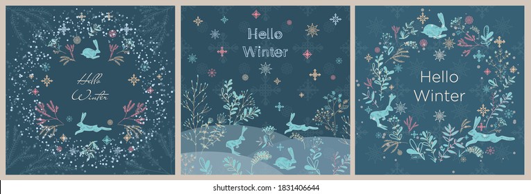 Greetings card "Hello Winter". Background for Christmas, New Year with snowflakes, Christmas trees, hares.