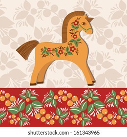 Greetings card with horse, decorated with folklore pattern 2. Vector colorful background. Wooden horse a symbol of New Year. 