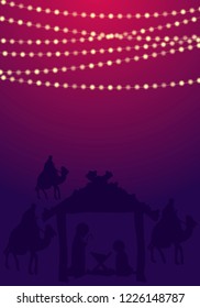 Greetings card Mary with Joseph and Jesus for Christmas, vector art illustration.