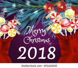 Greetings card, realistic Vector Eps 10,  for the New Year's holiday horizontal lease. Christmas tree. Festive red sock with candy and christmas flower red and green.
