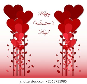 Greetings card for St. Valentine’s Day with red hearts and petals. Banner or invitations.