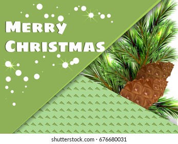 Greetings card, style modern 90s,  for the New Year's holiday horizontal lease. Blue Christmas tree.Realistic Vector Eps 10