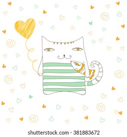 Greetings card template. Cute cartoon fat cat character with balloon heart and fish on white background with small hearts pattern.