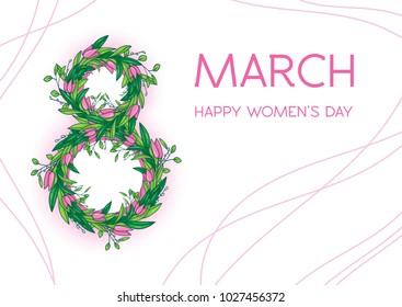 Greetings card with tulips, horizontal  
format. International women’s day. 8 march. Made in vector.