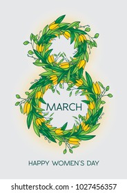Greetings card with tulips, vertical  
format. International women’s day. 8 march. Made in vector.
