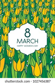 Greetings card with tulips, vertical  
format. International women’s day. 8 march. Made in vector.