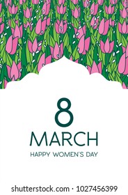 Greetings card with tulips, vertical  
format. International women’s day. 8 march. Made in vector.