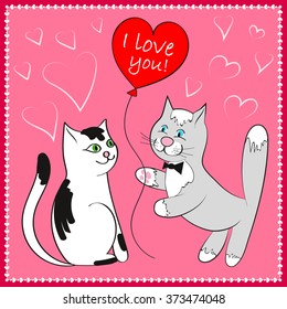 greetings card Valentine's Day cat and kitten with red balloon