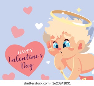 greetings card for valentines day, sweet cupid angel vector illustration design