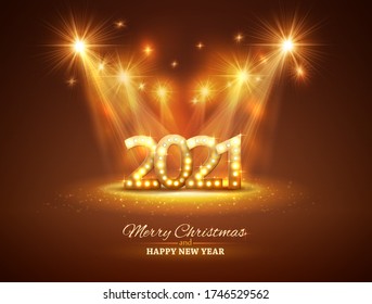 Greetings card warm color 2021 numbers. Shine and spotlight on the dark background. Vector.