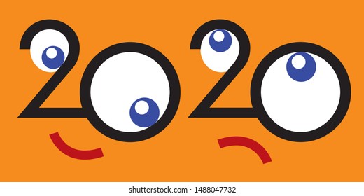 Greetings card of the year 2020 with two and zero that form two faces with opposite expressions. One of the characters is smiling, the other is displeased.