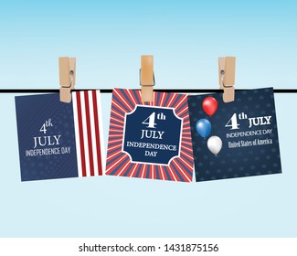 Greetings cards to the USA day Independence hanging on the clothespins on the blue sky background. Vector realistic isolated illustration