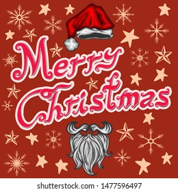 greetings cards Vector graphic design Merry Christmas lettering hand-drawn vintage style. Red background with snow star vector illustration