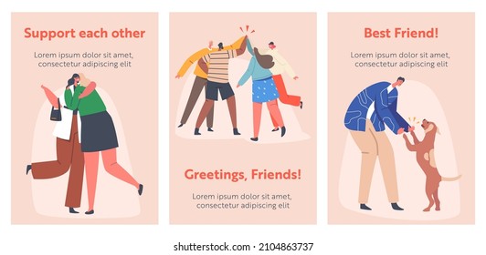 Greetings Cartoon Banners. Characters Greeting Each Other, Say Hello in Different Manners. Various Hi Gestures Such as Beating Hands, Girlfriends Hugging, Man Play with Dog. People Vector Illustration