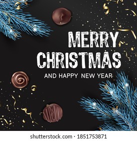 Greetings and celebration of christmas and new year. Xmas celebration poster with decorative tinsel or confetti, pine tree branches and sweet chocolate candies. Holidays congrats. Vector in flat style