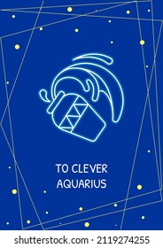 Greetings to clever aquarius postcard with linear glyph icon. Greeting card with decorative vector design. Simple style poster with creative lineart illustration. Flyer with holiday wish