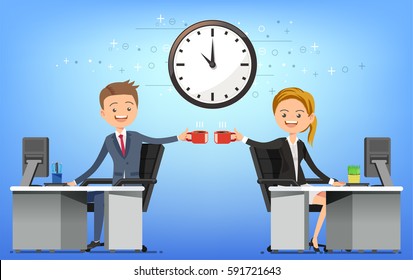 Greetings colleagues. Relax with coffee cup. Working comfortably. 