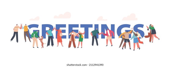 Greetings Concept. Male and Female Characters Greeting Each Other, Saying Hello in Different Manners. Various Hi Gestures Poster, Banner or Flyer. Cartoon People Vector Illustration