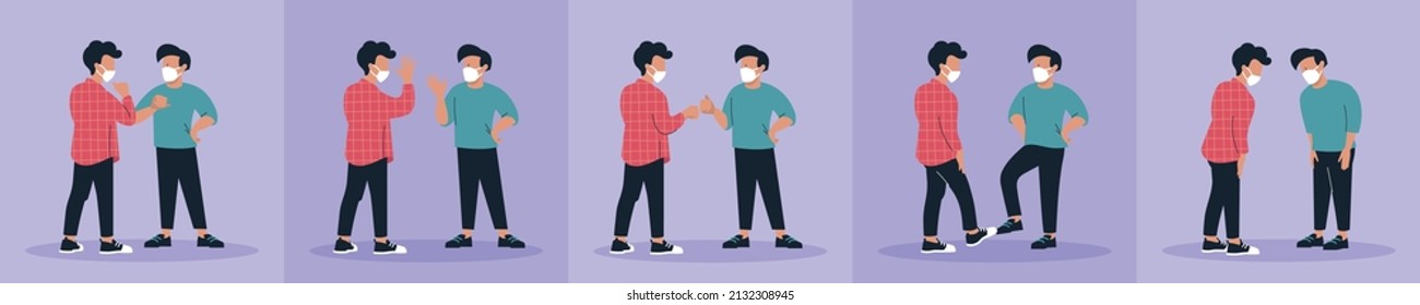Greetings in the context of the spread of a viral infection. Coronavirus prevention. Vector image.